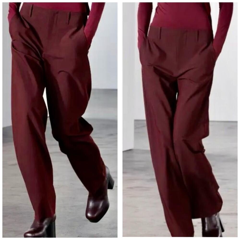 Zara Burgundy Wide Leg Trousers Size Medium High Rise Minimalist Chic 4043/043